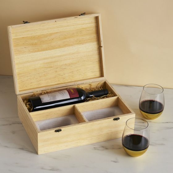 Twine Wine Bottle Gift Box - Wood Wine Box with Lid, 2 Stemless Wine ...