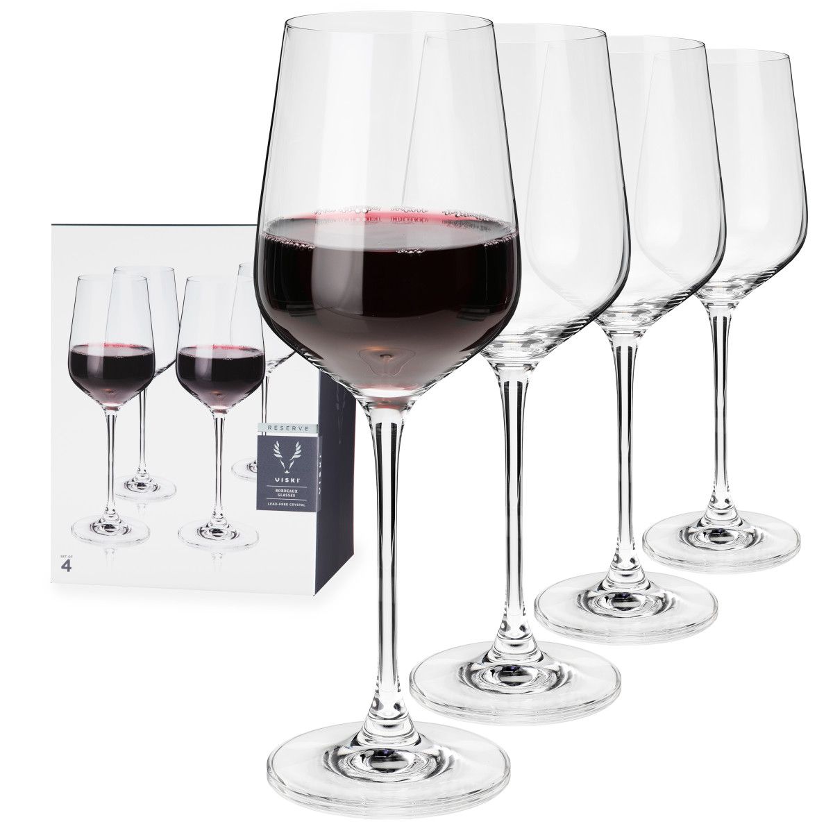 Viski Bordeaux Glasses, 4 Lead-Free Crystal Red Wine Glasses