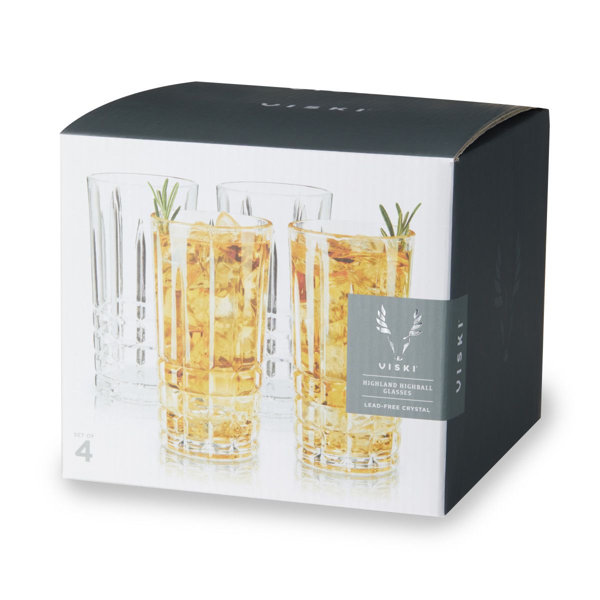 Viski Highland Highball Glasses Set of 4 - Square Cut Crystal Tumblers,  Holds 12 oz