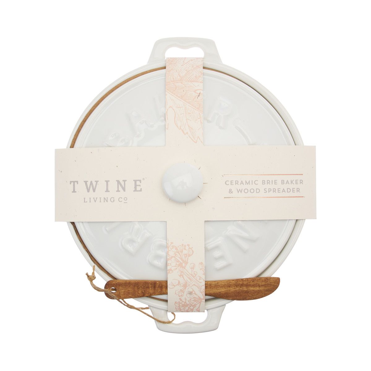 Twine White Ceramic Brie Baker with Lid & Acacia Wood Spreader 