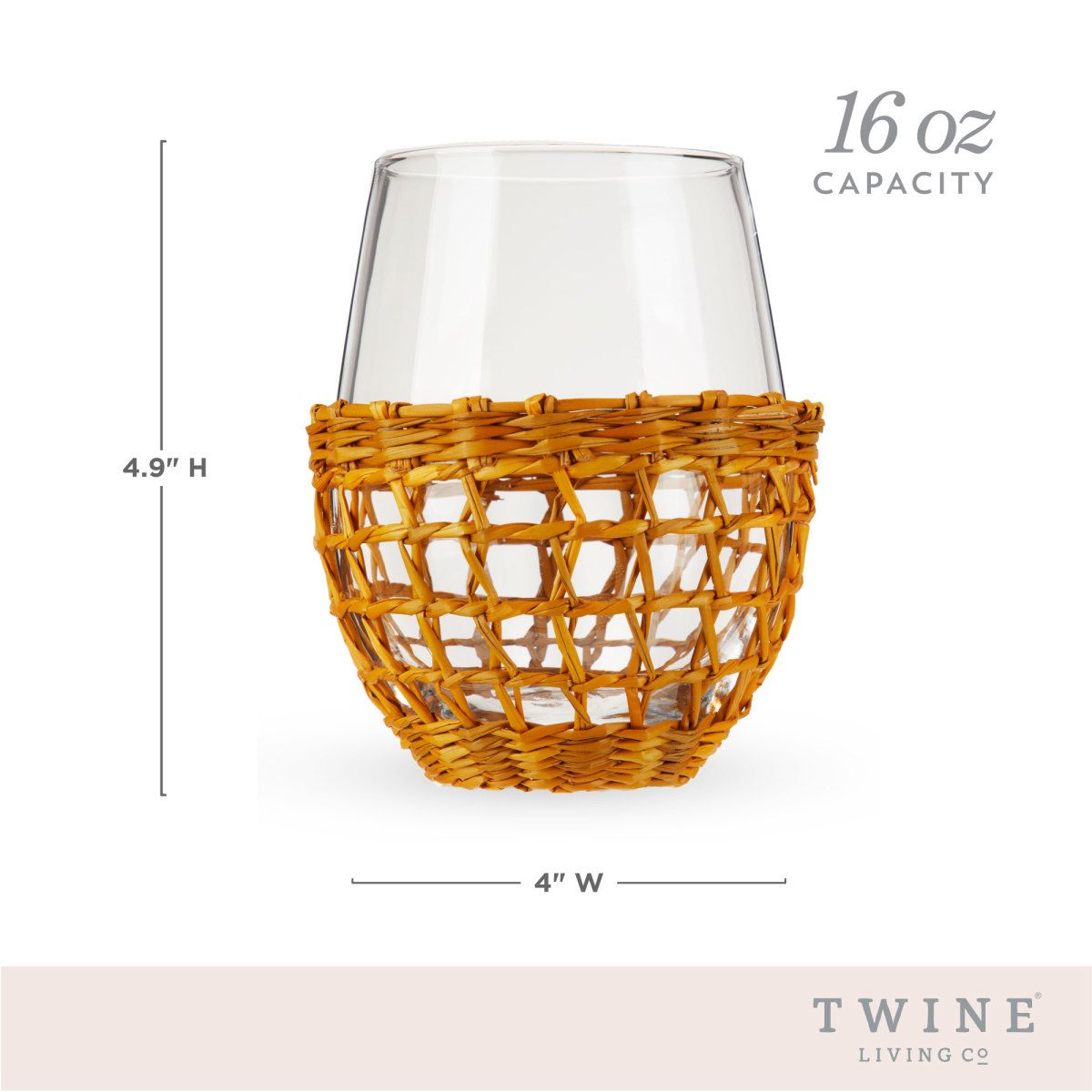 Twine Island Wine Glasses, Stemless Glassware With Seagrass Wrap