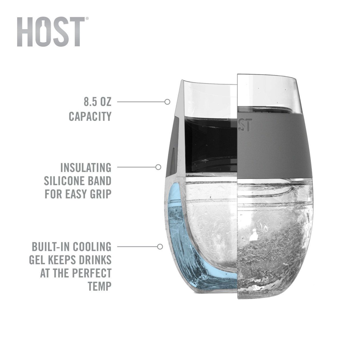 Host Plastic Double Wall Insulated Wine Freeze Cup Set - Wine Glass, 8.5 oz  Grey 