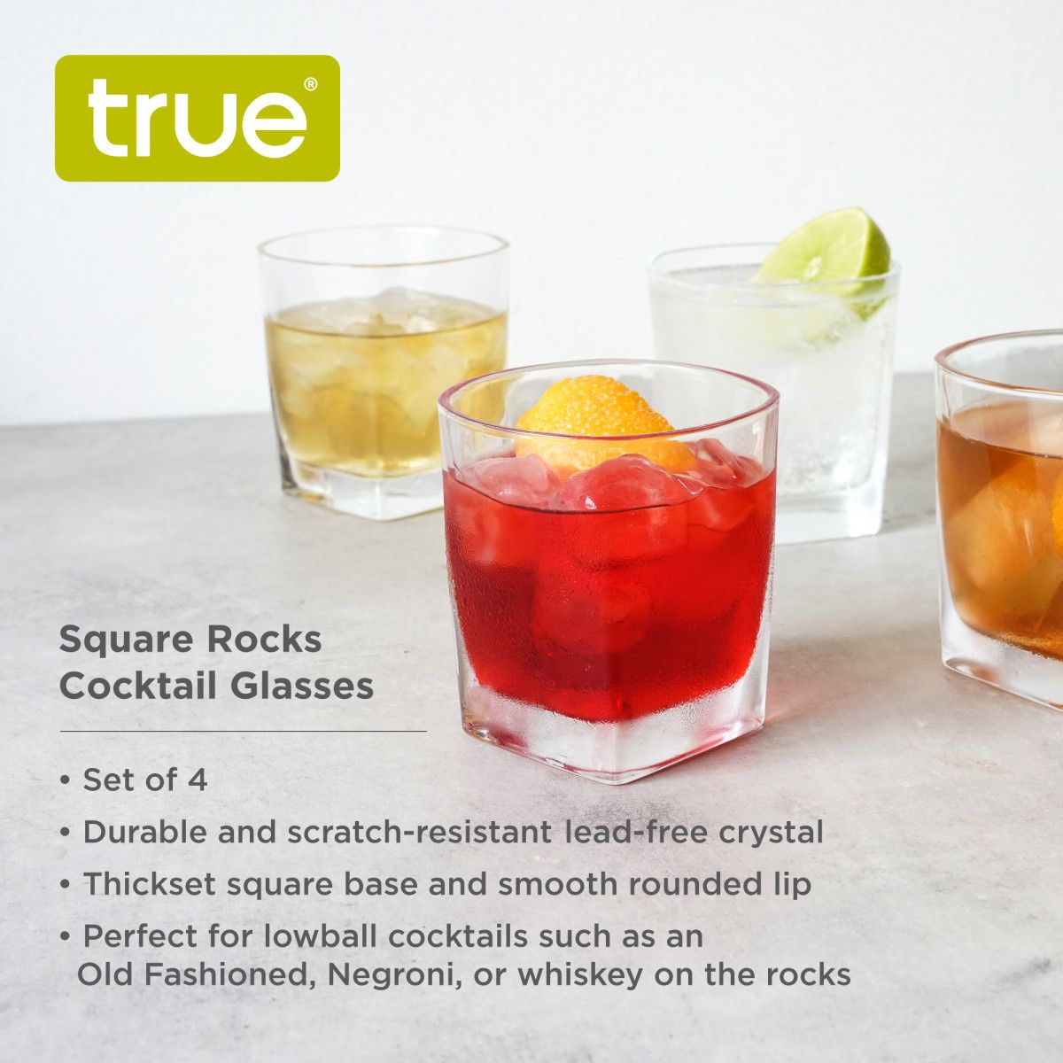 True Square Double Old Fashioned Glasses Set of 4 - Lowball Whiskey Glasses  for Cocktails, Drinks or Liquor - Dishwasher Safe 10oz
