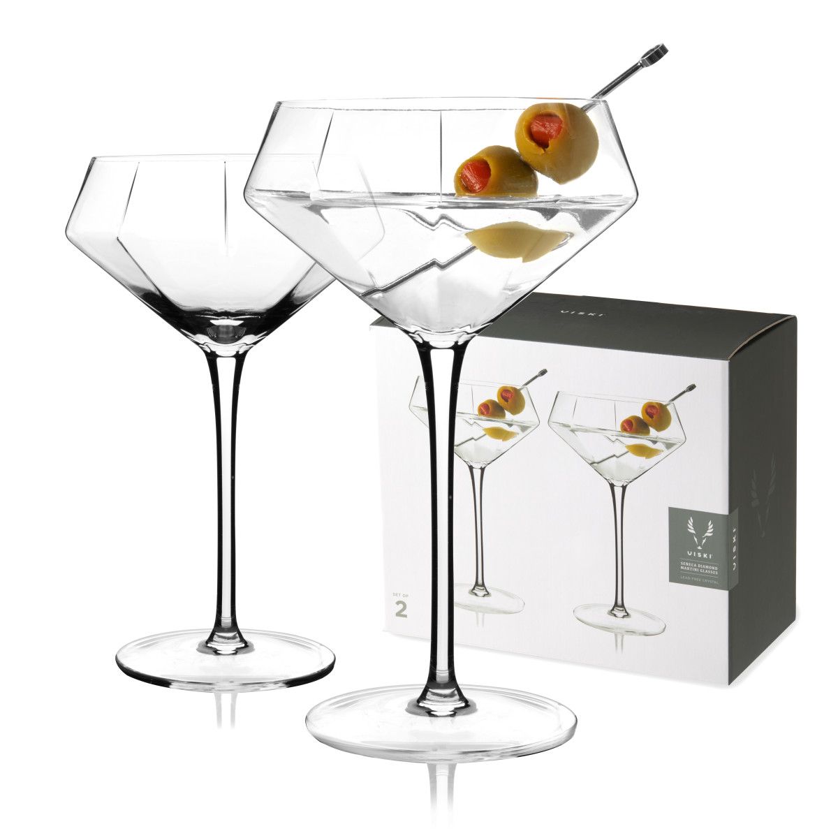 Viski Seneca Diamond Martini Glasses - Faceted Crystal Martini Glasses  Stemmed Cocktail Glassware - 11 Oz Martini Glasses Set of 2