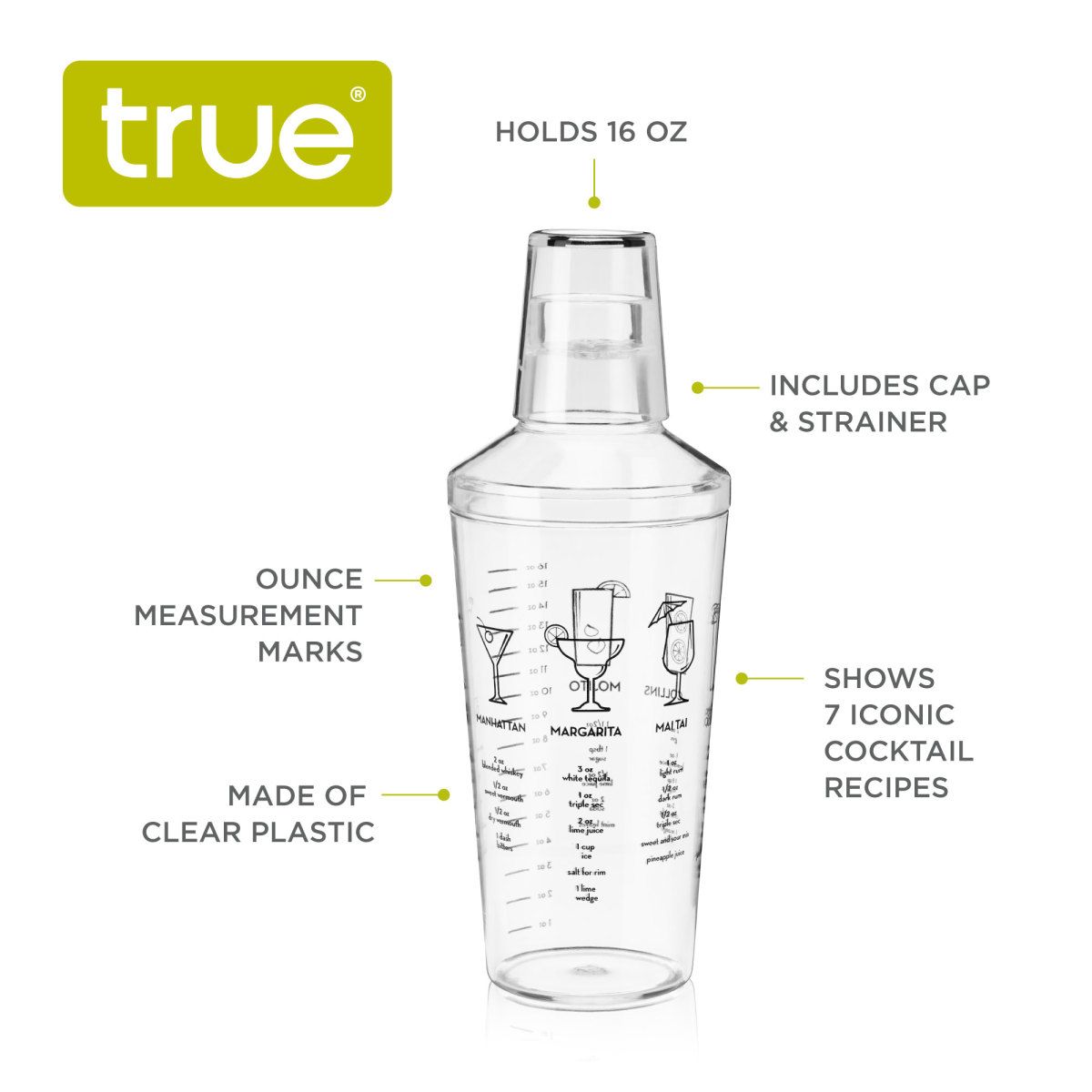 True Cocktail Shaker With Recipes For Cocktails And Ounce Measurements,  Built-in Strainer, 16 Oz, Clear Plastic : Target