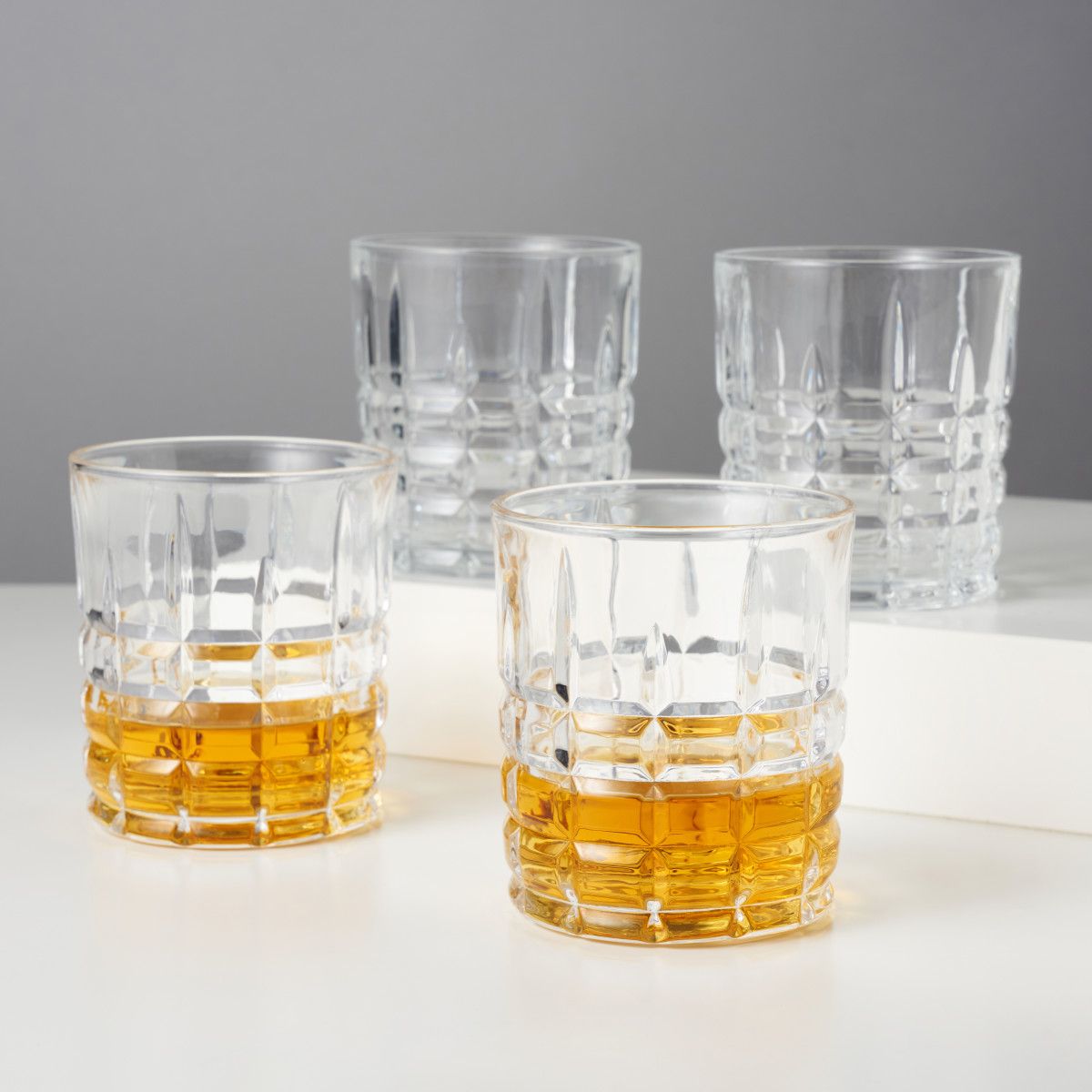 Viski Highland Highball Glasses Set of 4 - Square Cut Crystal Tumblers,  Holds 12 oz