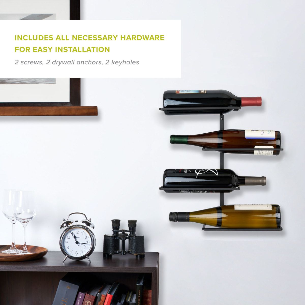 True Align Wall-Mounted Wine Rack, Black Wrought Iron, Minimalist Modern  Wine Display, Alcohol Storage Solution, Holds Four Standard Wine Bottles,  14.75 x 14.25 x 3