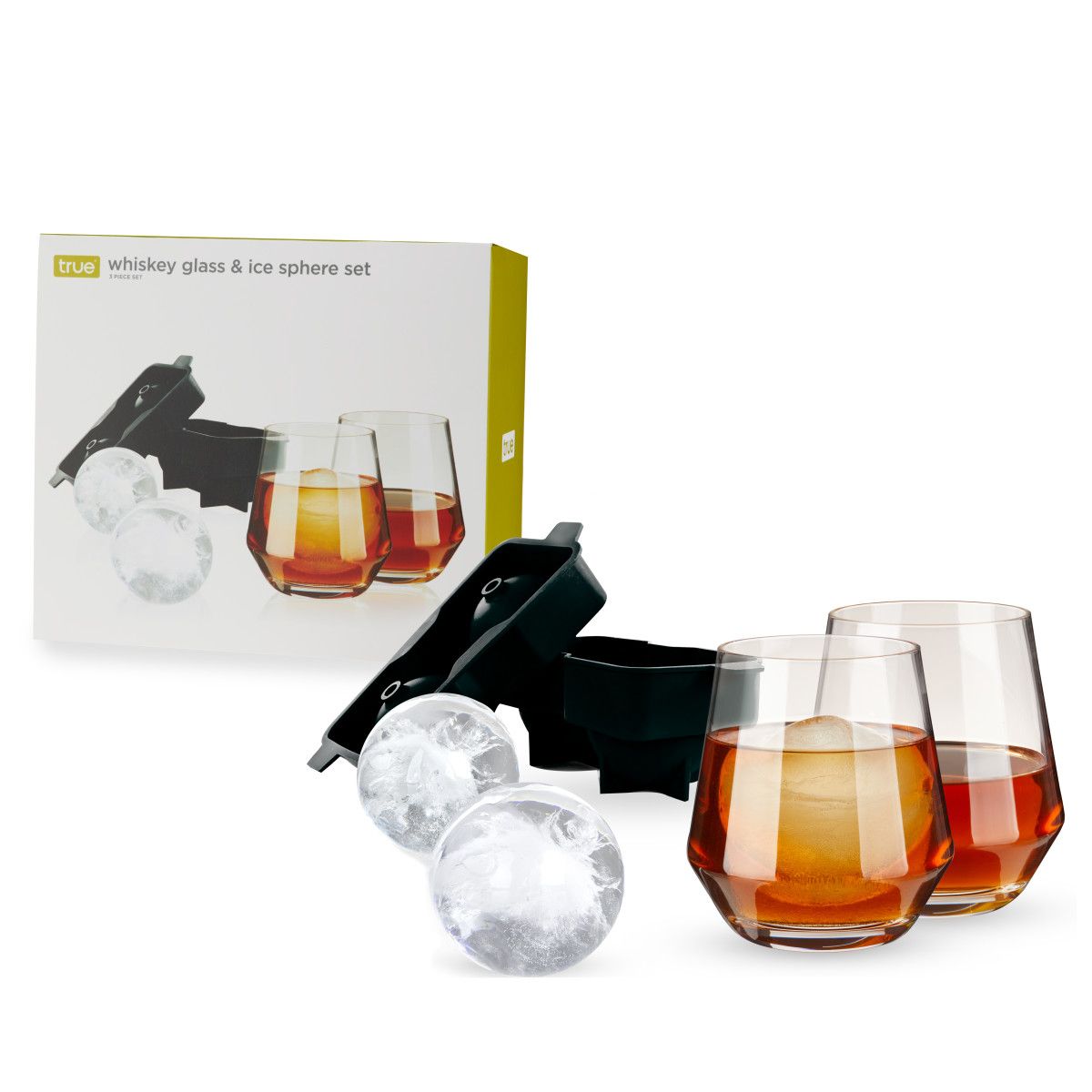 True Whiskey Glass & Ice Sphere Set, 2 Whiskey Tumblers, 1 Ice Sphere Mold,  Bourbon Glass Set