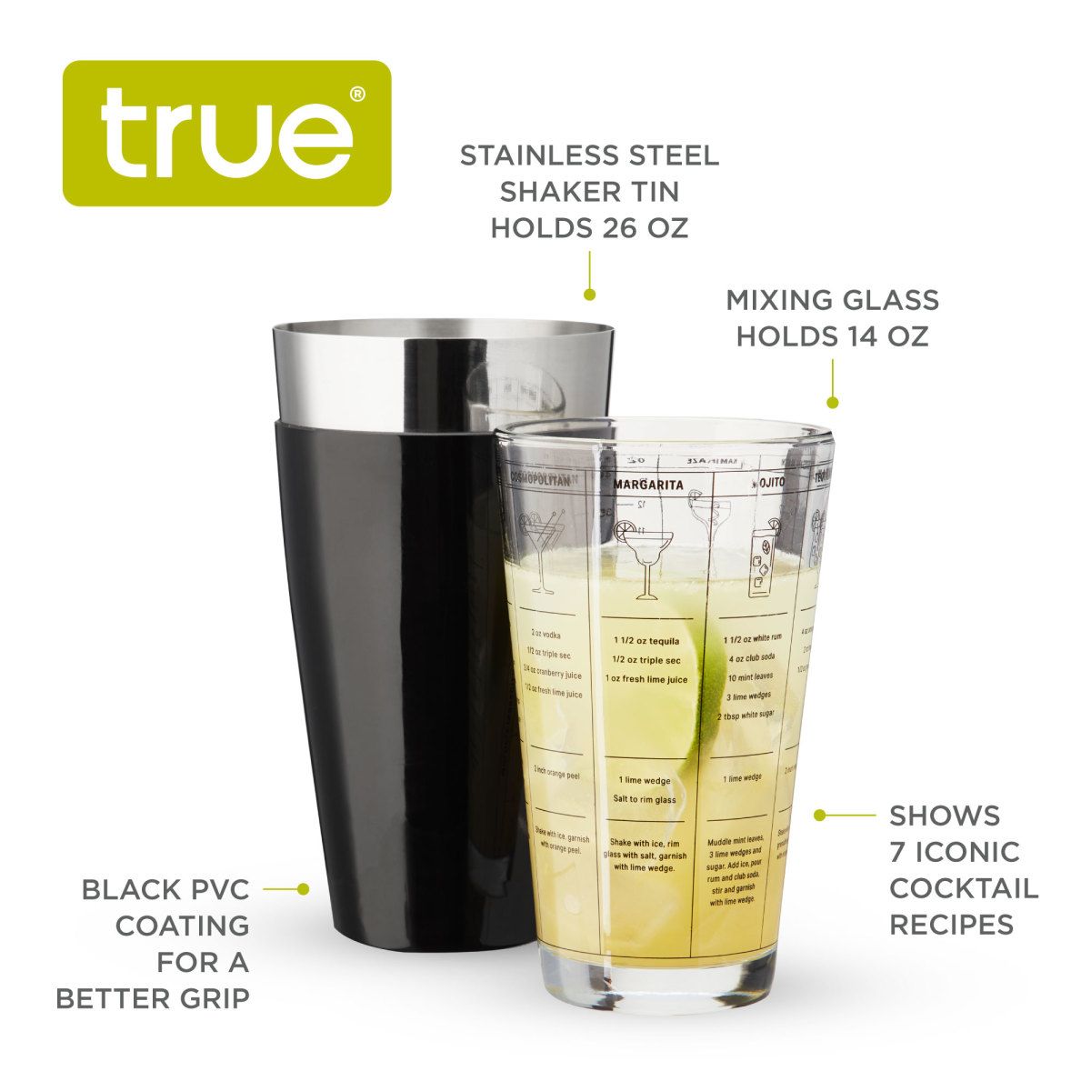 True Boston Shaker with Cocktail Recipes, 2 Part Glass Cocktail Shaker Set,  Mixing Glass, Shaker Tin