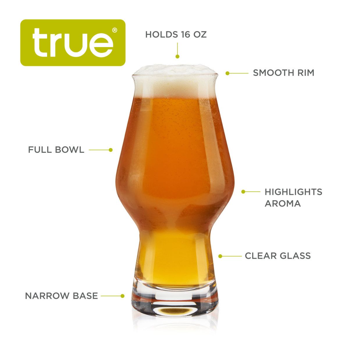 True IPA Glasses, Beer Pint Glasses, Craft Beer Glassware, IPA Glass Set,  Set of 4, 16 Ounce Capacity, for Stouts, Pilsners, IPAs