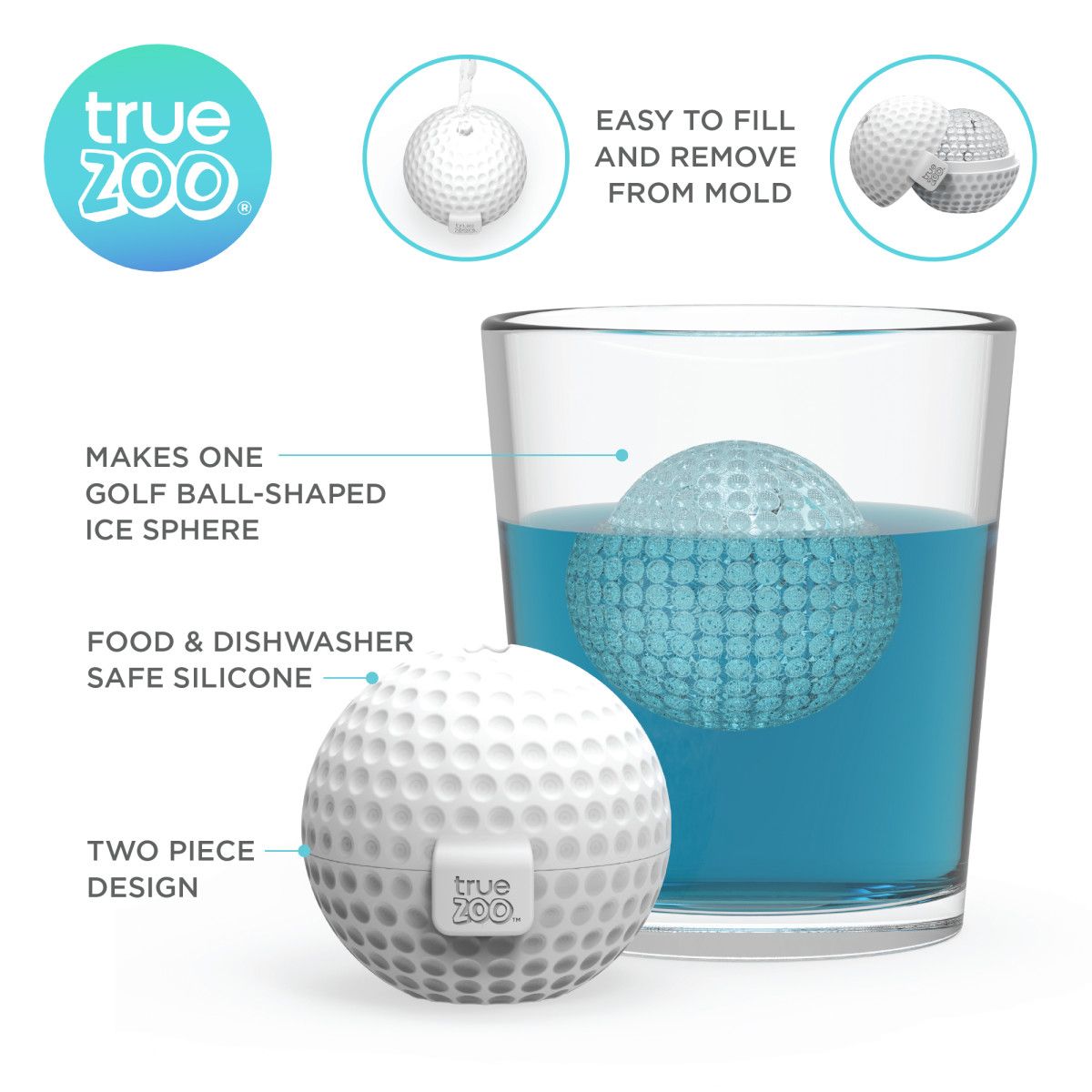 True Zoo Golf Ball Ice Mold, Dishwasher Safe Novelty Silicone 2 Inch Ice  Sphere Maker for Sports Fans, Set of 1
