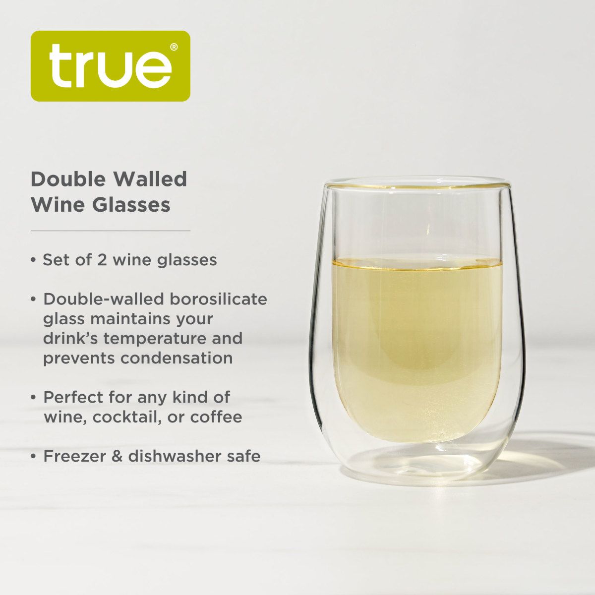 True Insulated Wine Glasses - Double Walled Stemless Wine Glass